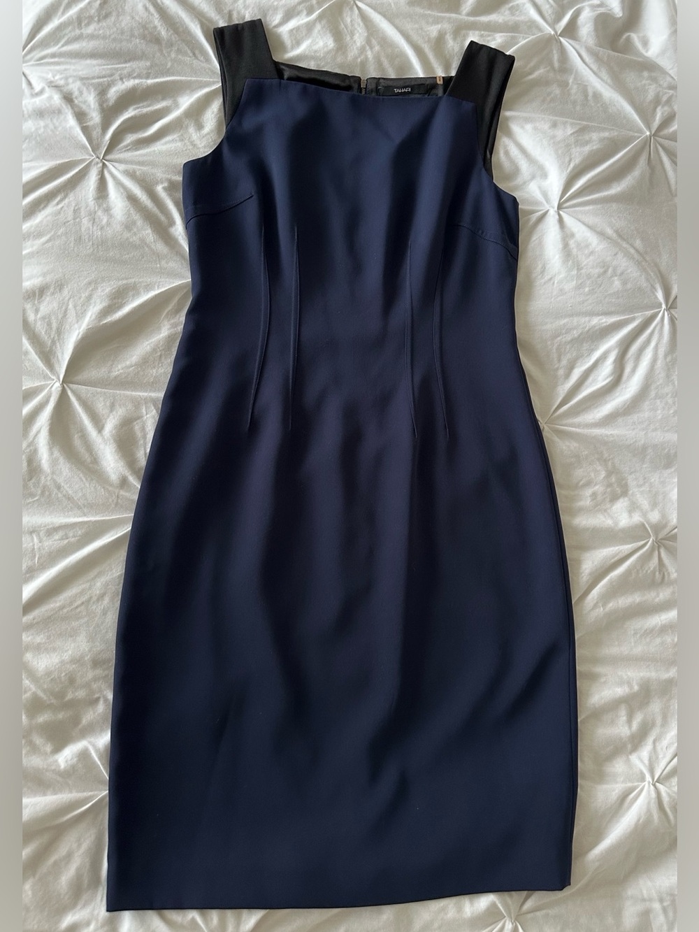 TAHARI Sleeveless Navy Sheath Dress with Black Trim